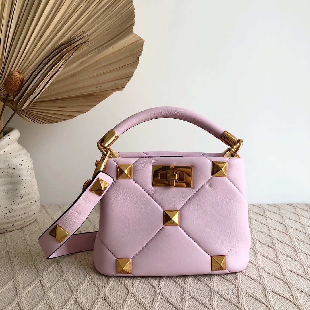 Valentino Roman Stud Mini Handle Bag In Pink Nappa Leather