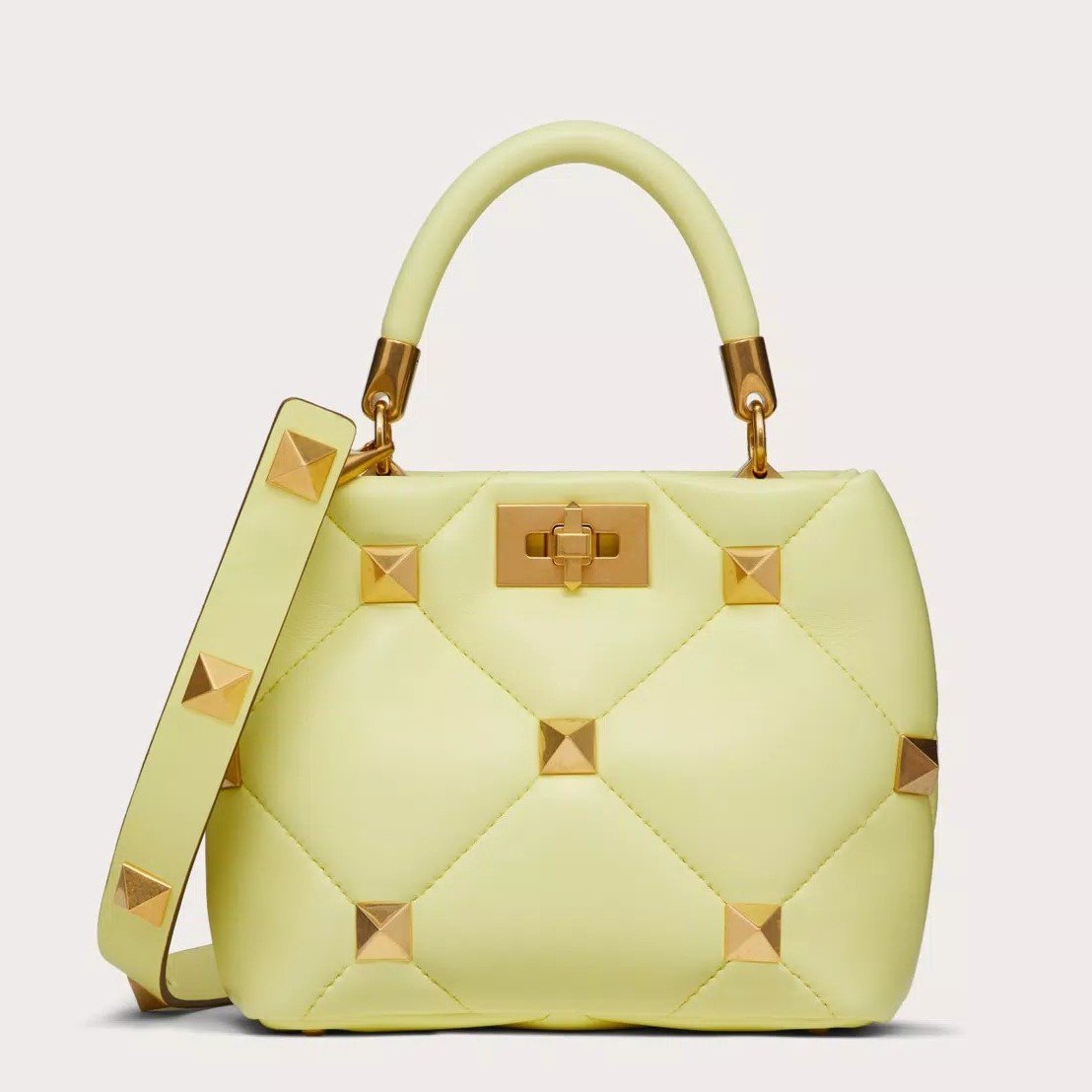 Valentino Roman Stud Small Handle Bag In Yellow Nappa Leather