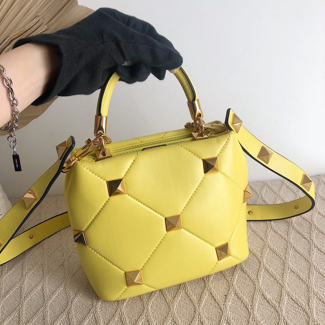 Valentino Roman Stud Small Handle Bag In Yellow Nappa Leather