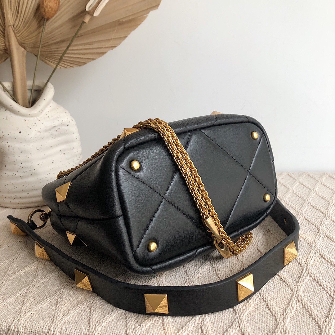 Valentino Roman Stud Small Handle Bag In Black Nappa Leather