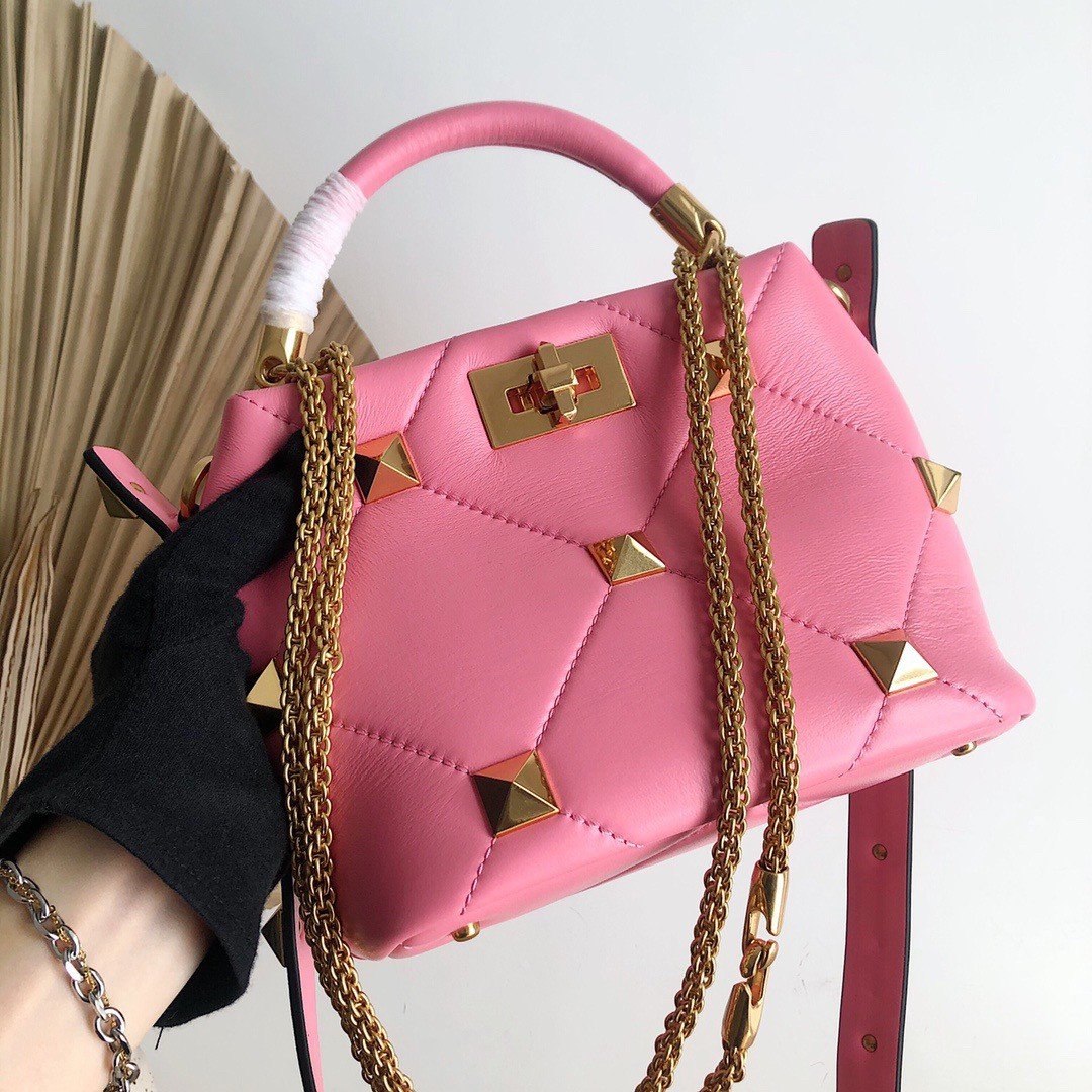 Valentino Roman Stud Small Handle Bag In Pink Nappa Leather