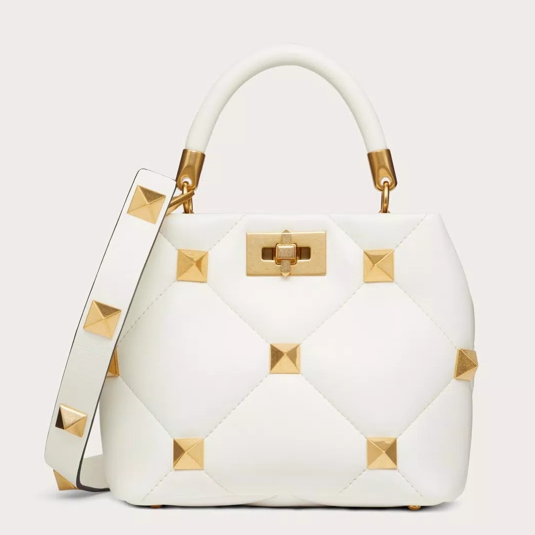 Valentino Roman Stud Small Handle Bag In White Nappa Leather