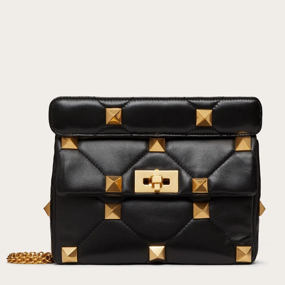 Valentino Roman Stud Medium Chain Bag In Black Nappa Leather