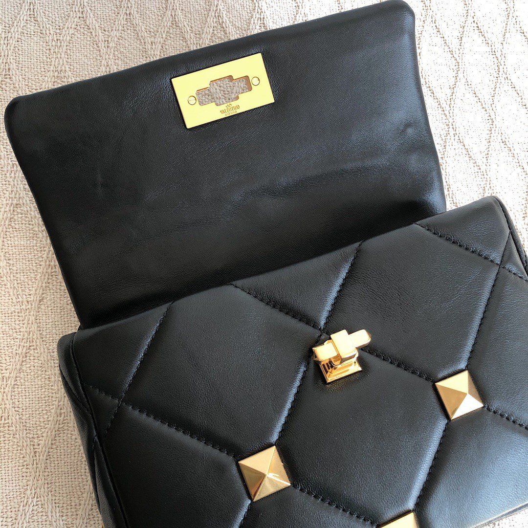 Valentino Roman Stud Medium Chain Bag In Black Nappa Leather