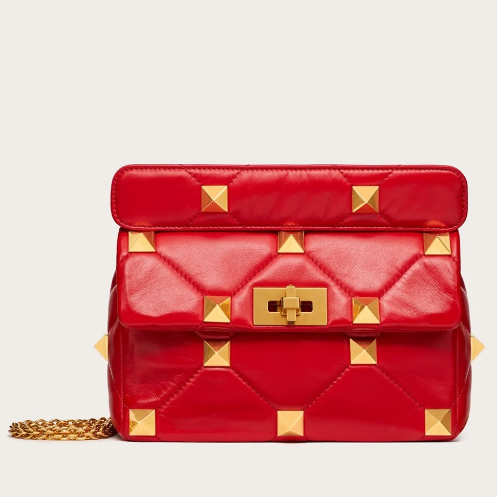 Valentino Roman Stud Medium Chain Bag In Red Nappa Leather