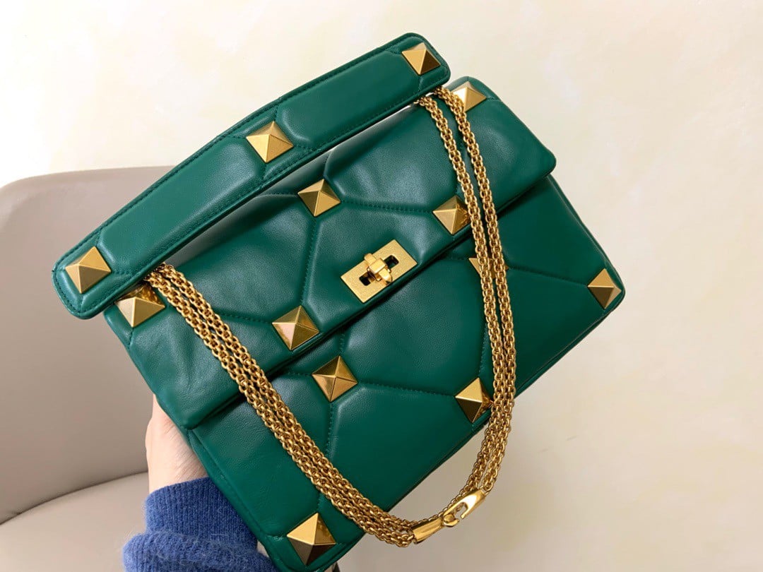 Valentino Roman Stud Large Chain Bag In Green Nappa Leather