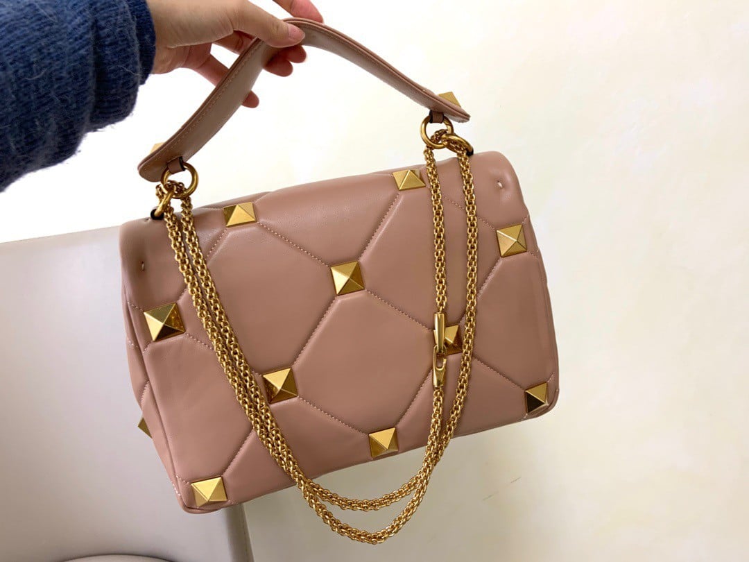 Valentino Roman Stud Large Chain Bag In Rose Cannelle Nappa Leather