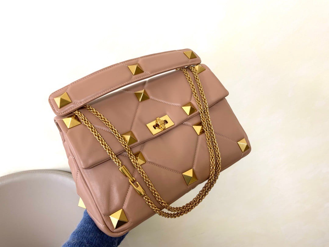 Valentino Roman Stud Large Chain Bag In Rose Cannelle Nappa Leather