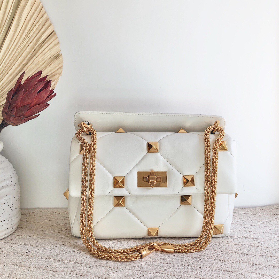 Valentino Roman Stud Large Chain Bag In White Nappa Leather