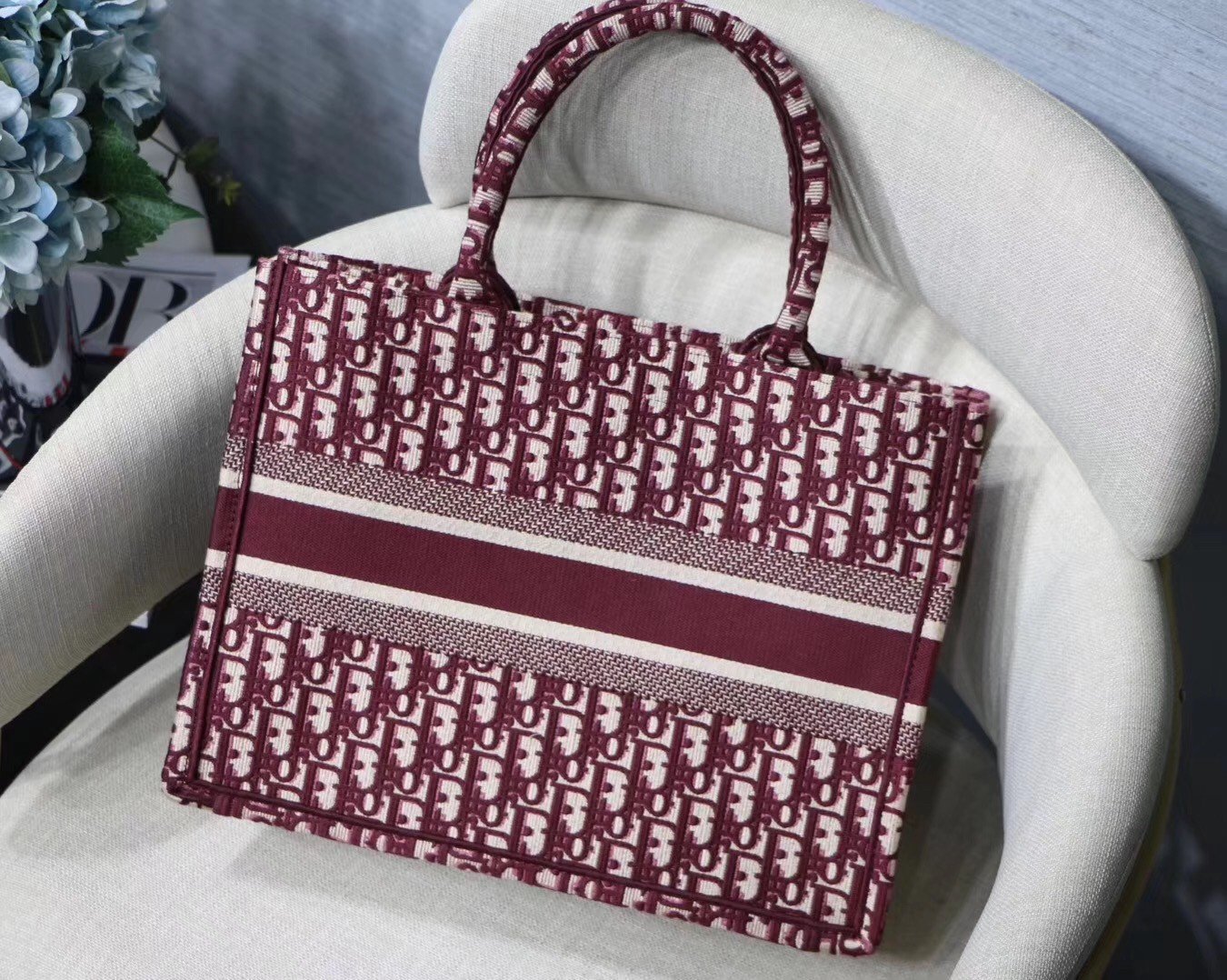 Dior Medium Book Tote Bag In Bordeaux Dior Oblique Embroidery