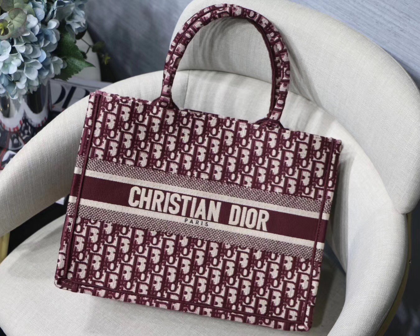 Dior Medium Book Tote Bag In Bordeaux Dior Oblique Embroidery