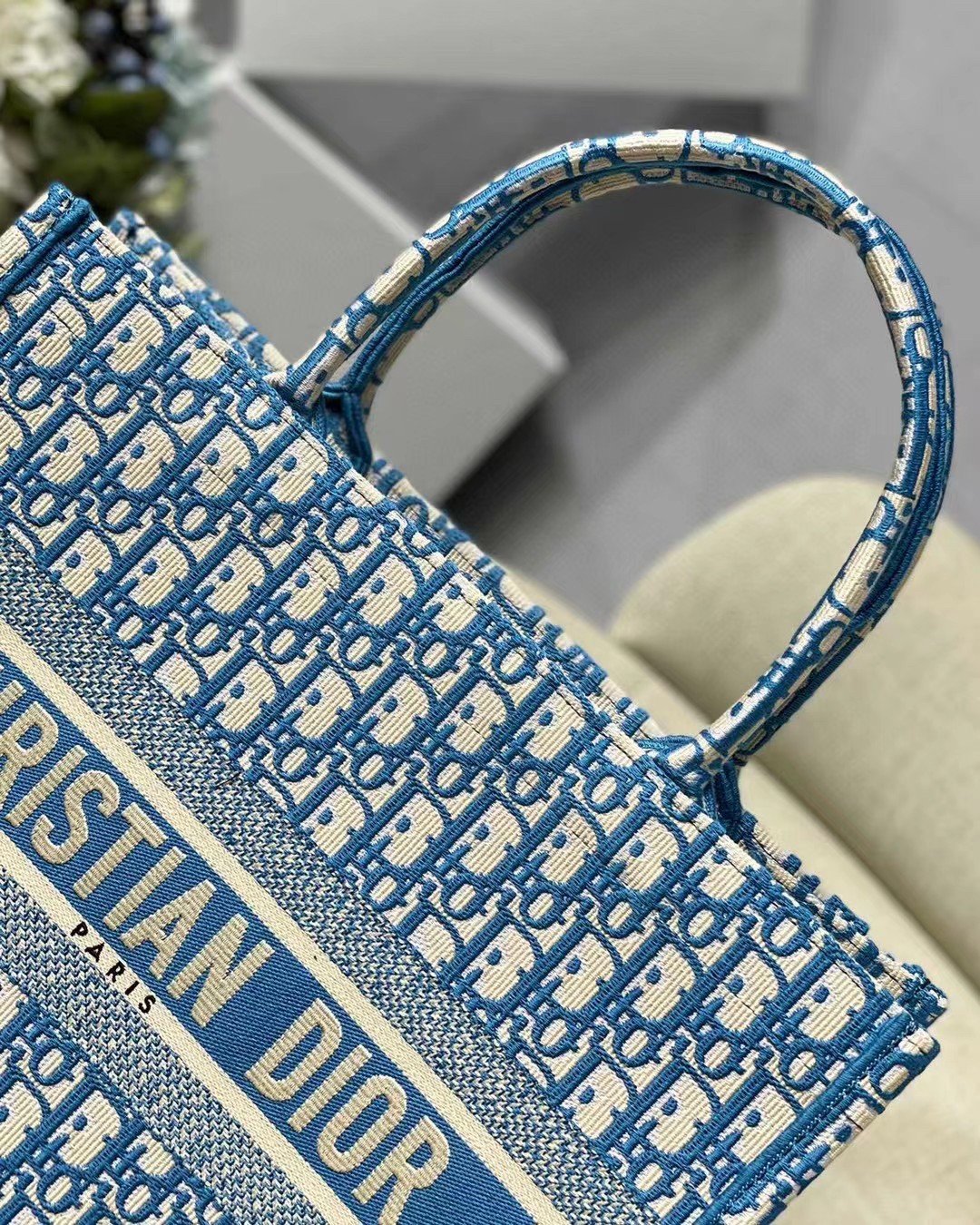 Dior Medium Book Tote Bag In Blue Oblique Embroidery