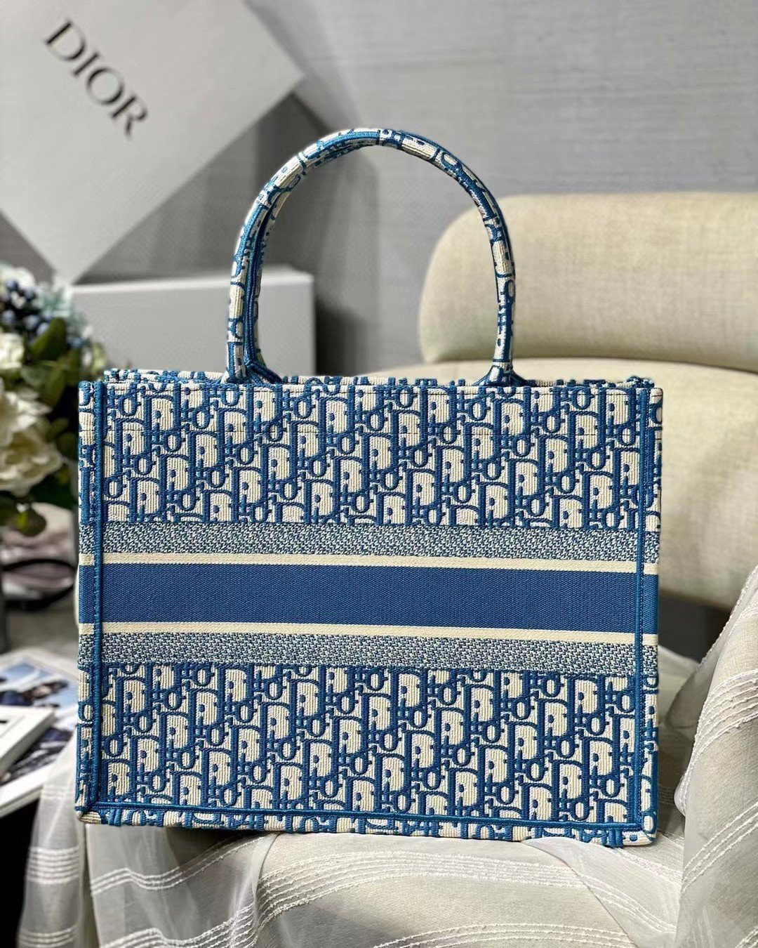 Dior Medium Book Tote Bag In Blue Oblique Embroidery