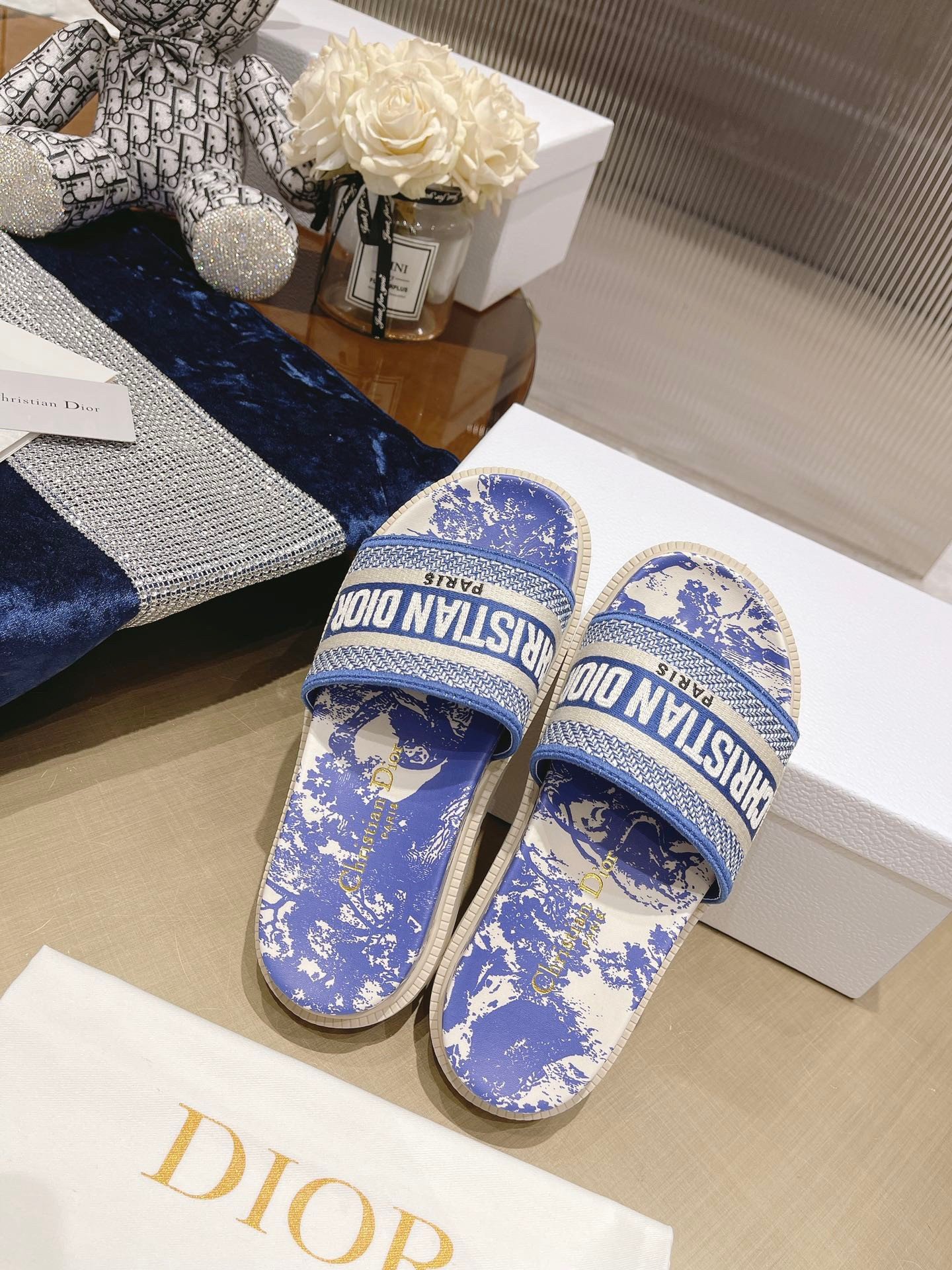 Dior Dway Slides In Bright Blue Toile de Jouy Embroidered Cotton