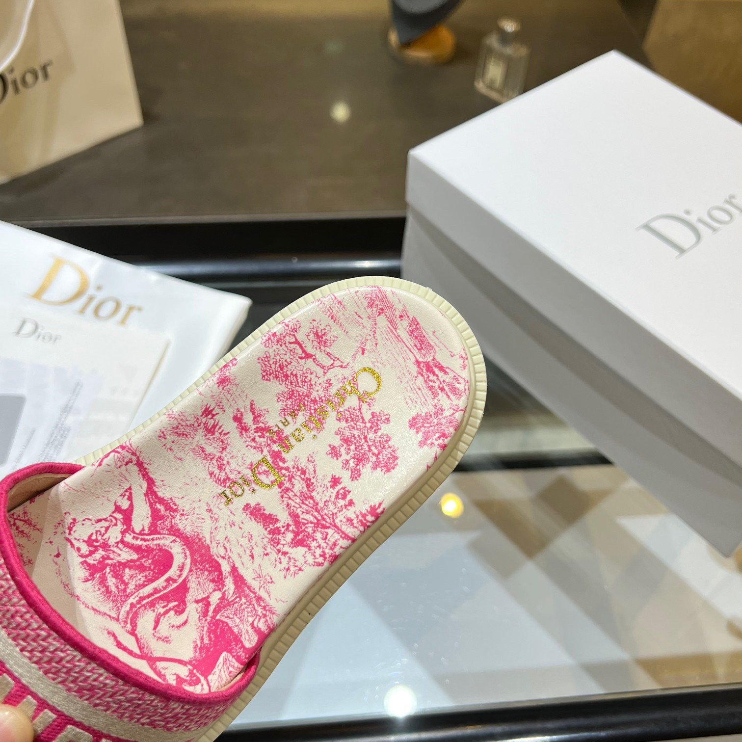 Dior Dway Slides In Bright Pink Toile de Jouy Embroidered Cotton