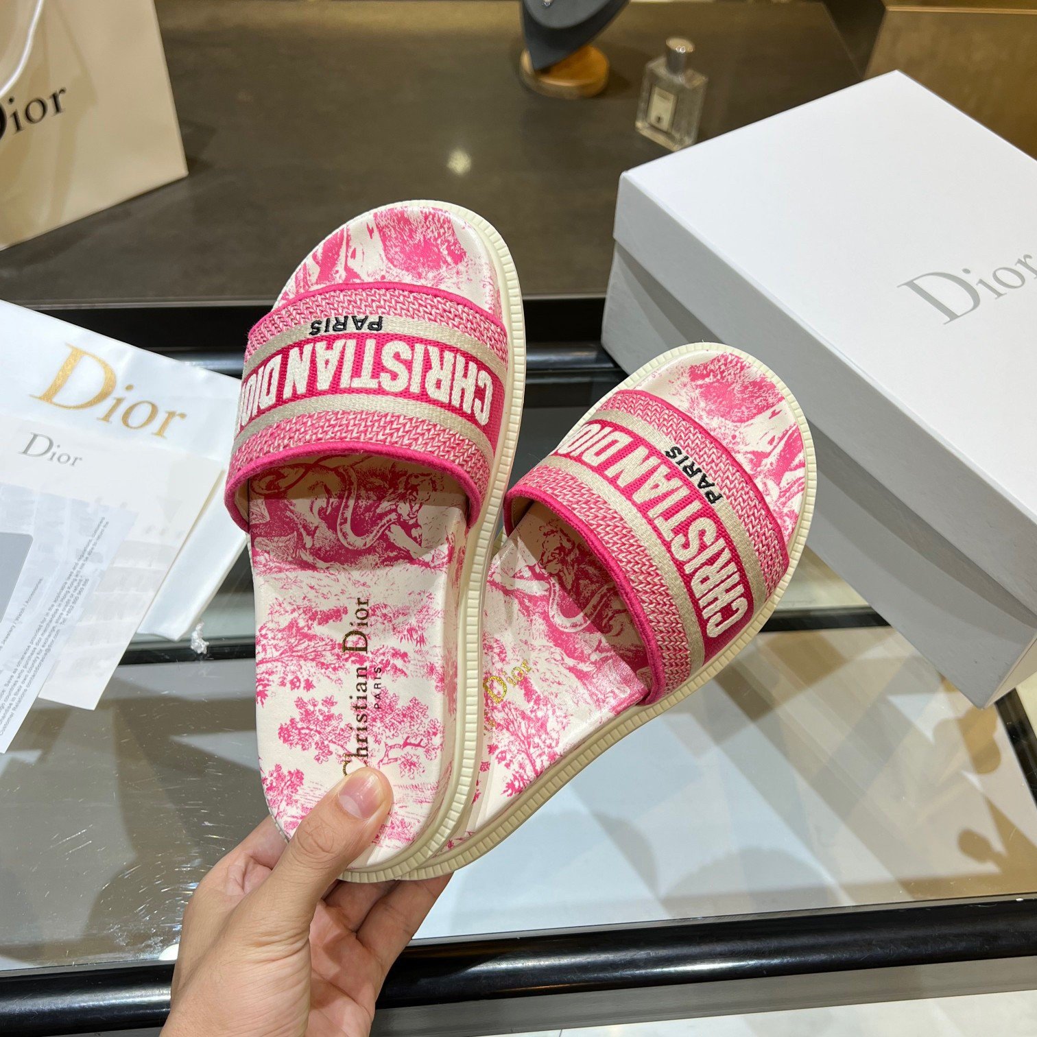 Dior Dway Slides In Bright Pink Toile de Jouy Embroidered Cotton