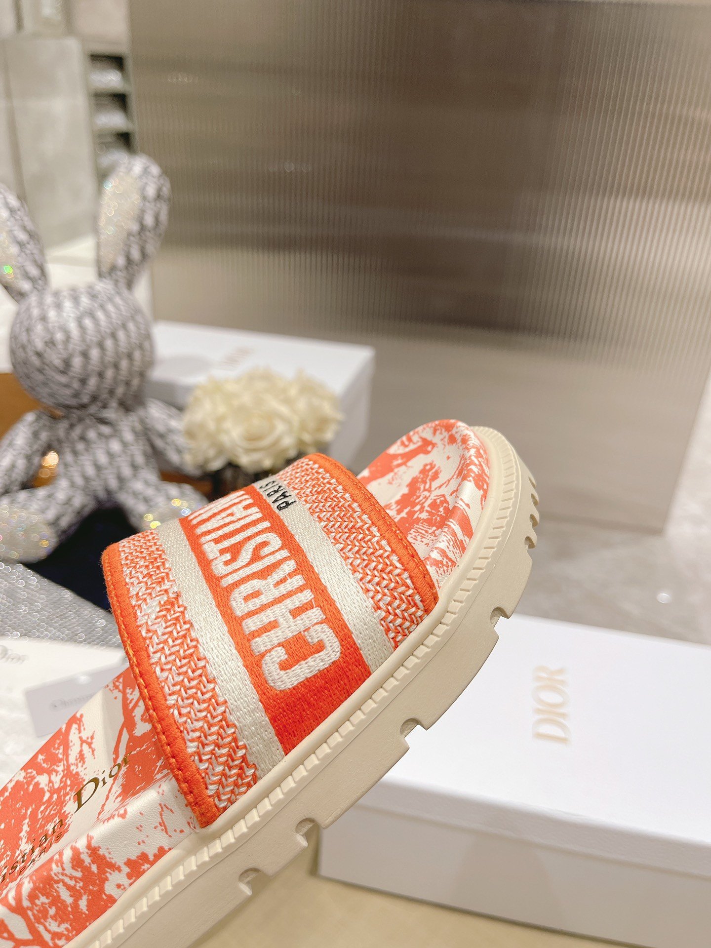 Dior Dway Slides In Bright Orange Toile de Jouy Embroidered Cotton