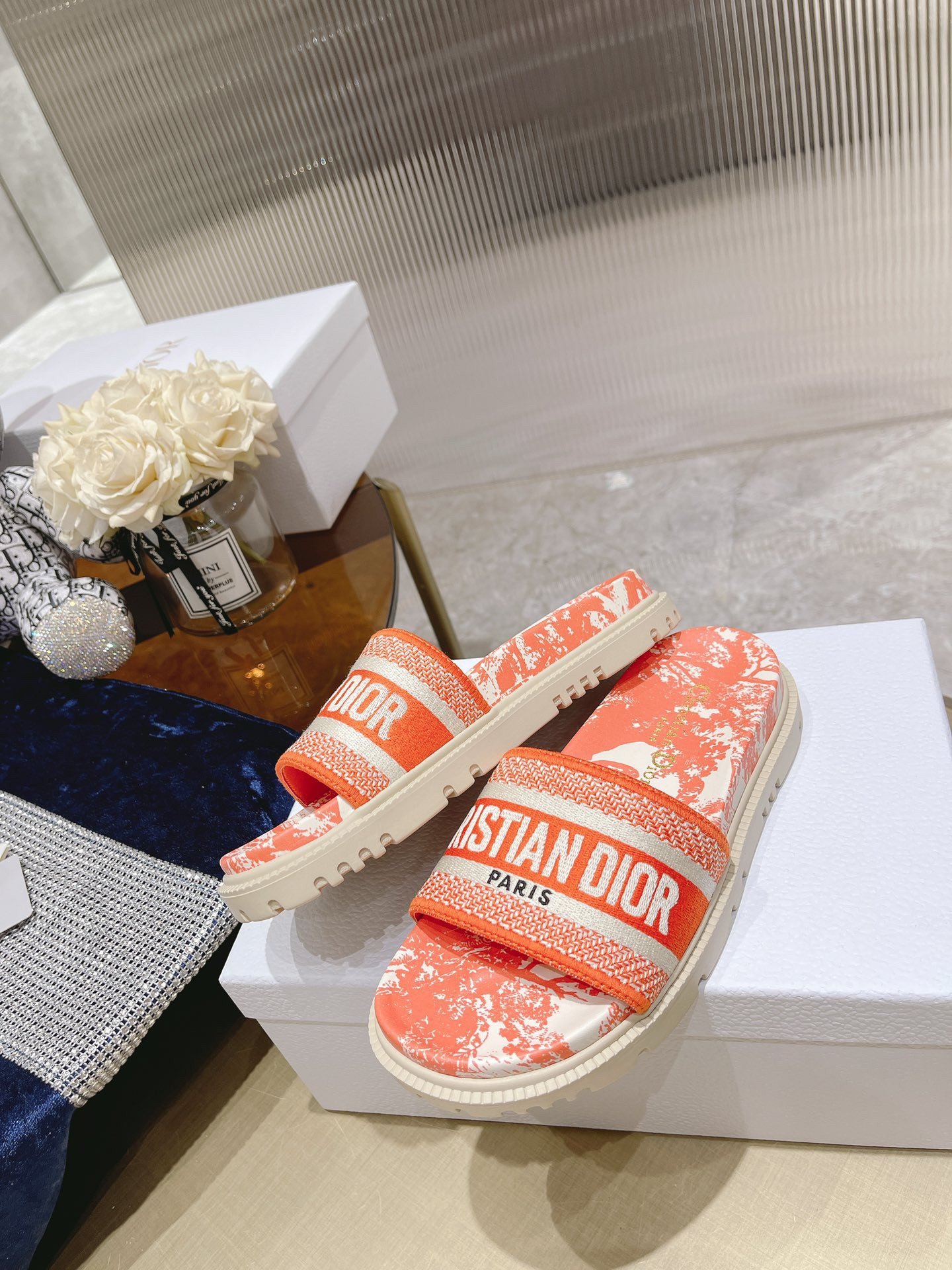 Dior Dway Slides In Bright Orange Toile de Jouy Embroidered Cotton