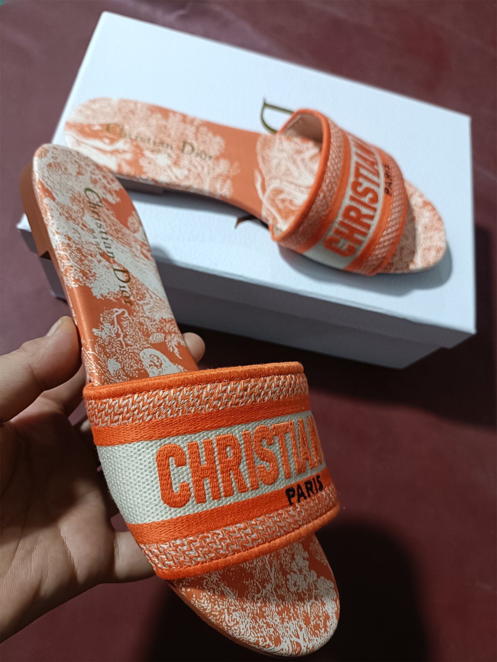 Dior Dway Slides In Bright Orange Toile de Jouy Embroidered