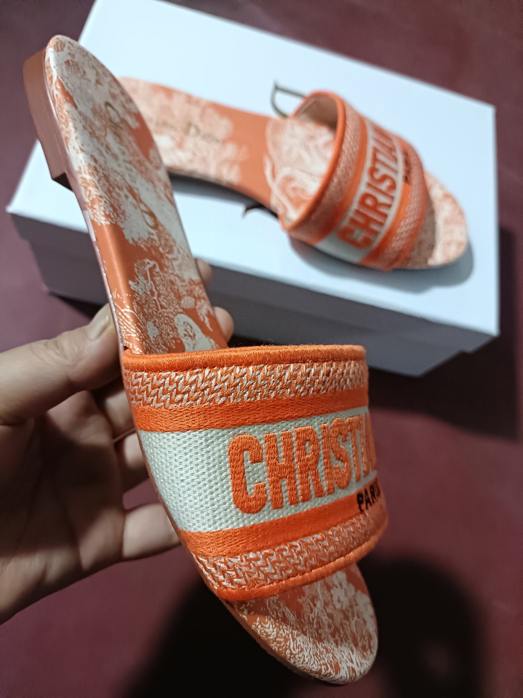 Dior Dway Slides In Bright Orange Toile de Jouy Embroidered