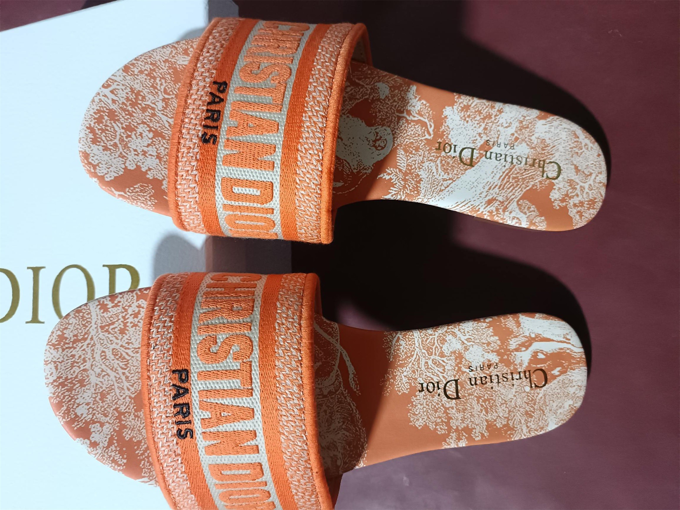 Dior Dway Slides In Bright Orange Toile de Jouy Embroidered