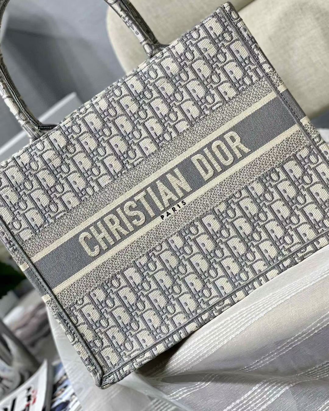 Dior Medium Book Tote Bag In Grey Dior Oblique Embroidery