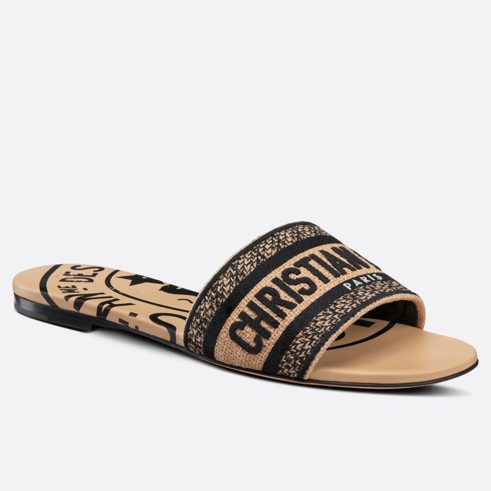 Dior Dway Slides In Beige Jute Canvas Embroidered with Union Motif