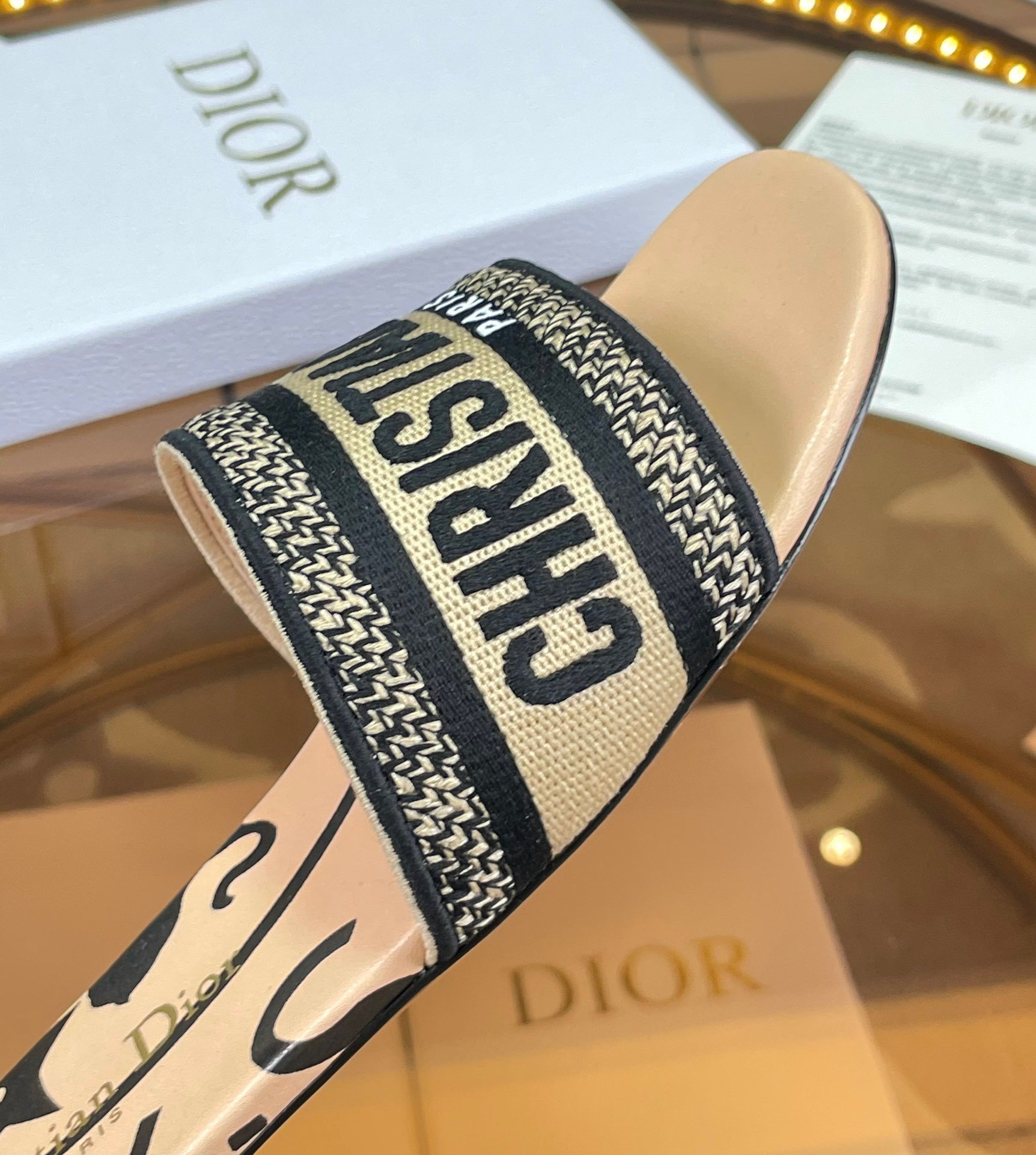 Dior Dway Slides In Beige Jute Canvas Embroidered with Union Motif