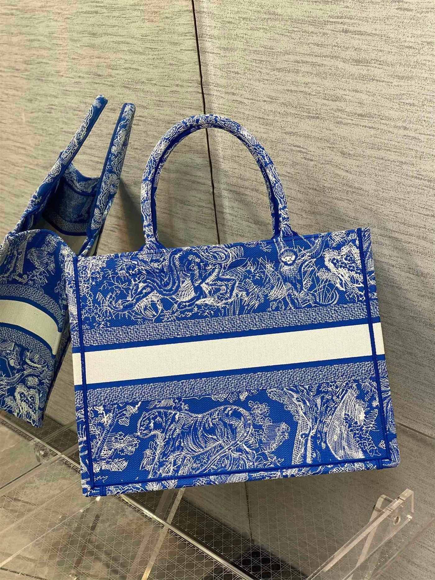 Dior Medium Book Tote Bag In Fluorescent Blue Toile de Jouy Reverse Embroidery