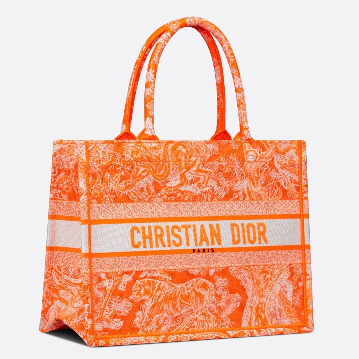 Dior Medium Book Tote Bag In Fluorescent Orange Toile de Jouy Reverse Embroidery