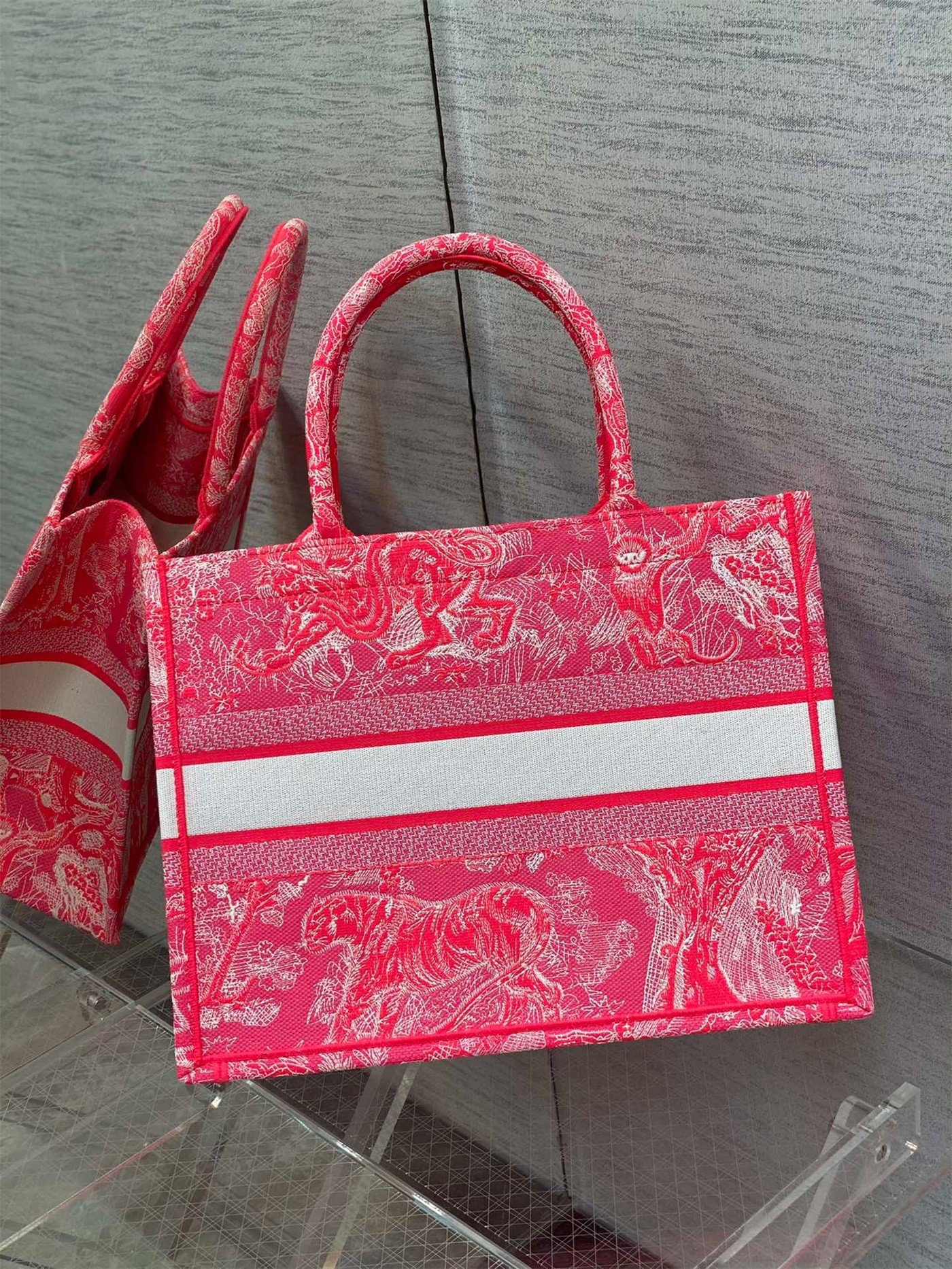 Dior Medium Book Tote Bag In Fluorescent Pink Toile de Jouy Reverse Embroidery