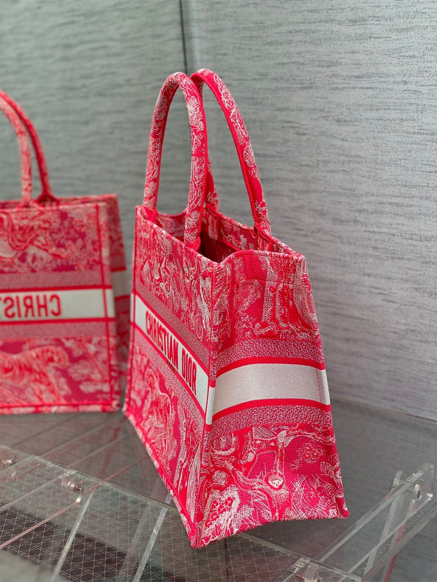 Dior Medium Book Tote Bag In Fluorescent Pink Toile de Jouy Reverse Embroidery