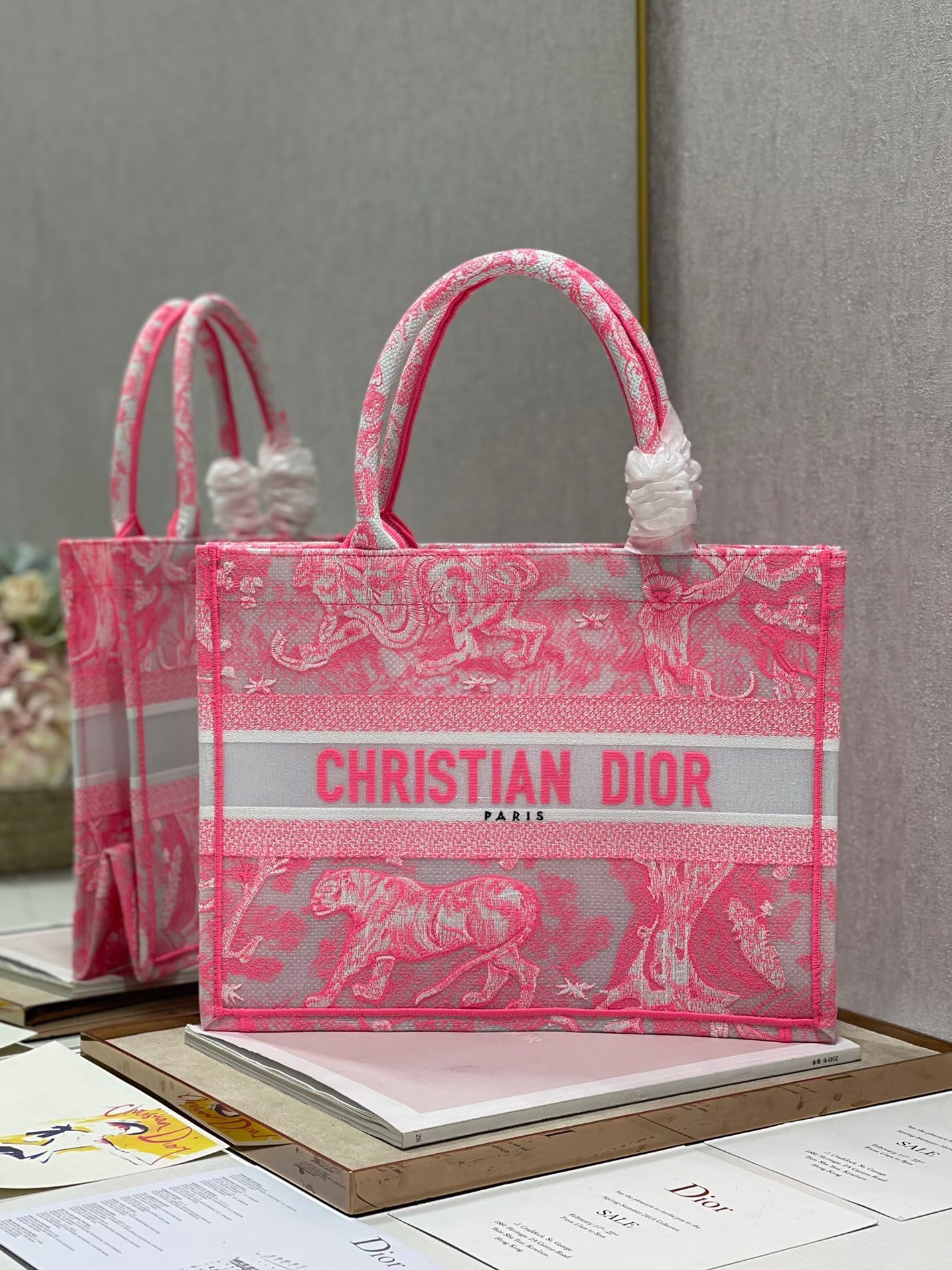 Dior Medium Book Tote Bag In Pink Transparent Toile de Jouy Canvas