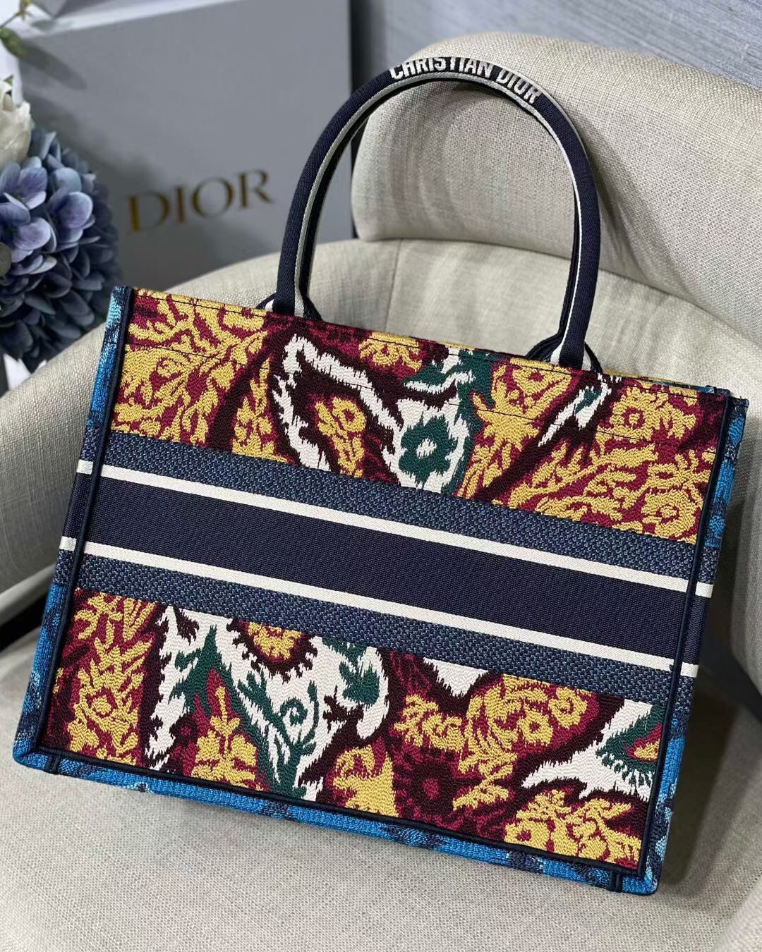 Dior Medium Book Tote Bag In Blue Multicolor Dior Paisley Embroidery