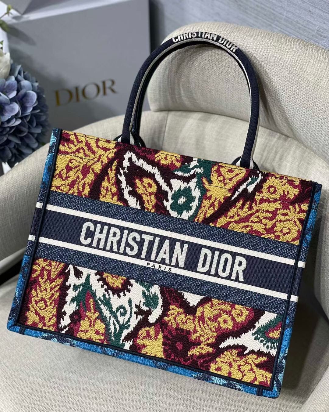 Dior Medium Book Tote Bag In Blue Multicolor Dior Paisley Embroidery