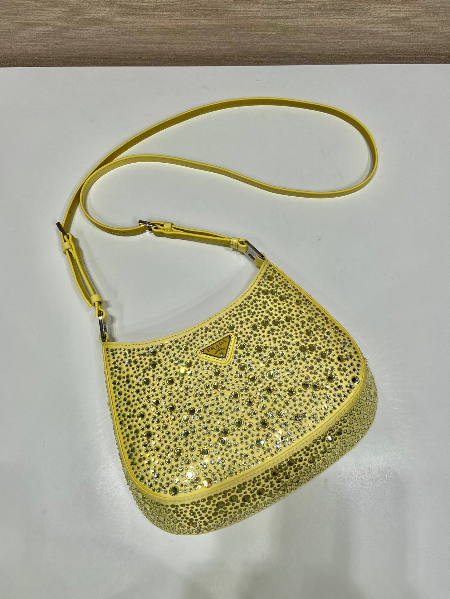 Prada Cleo Bag In Yellow Satin with Cystal Appliques