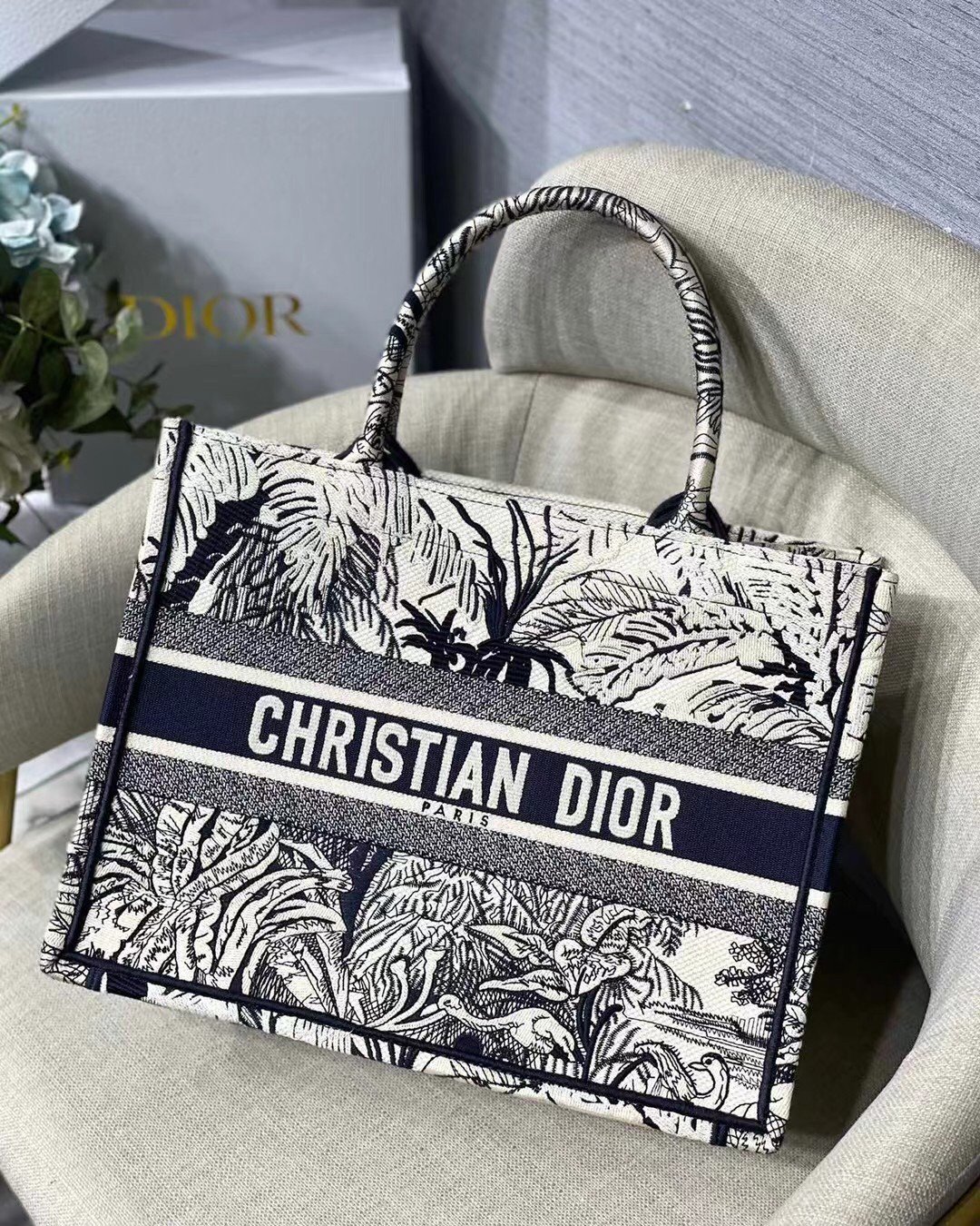 Dior Medium Dior Book Tote Bag In Blue Toile de Jouy Palms Embroidery