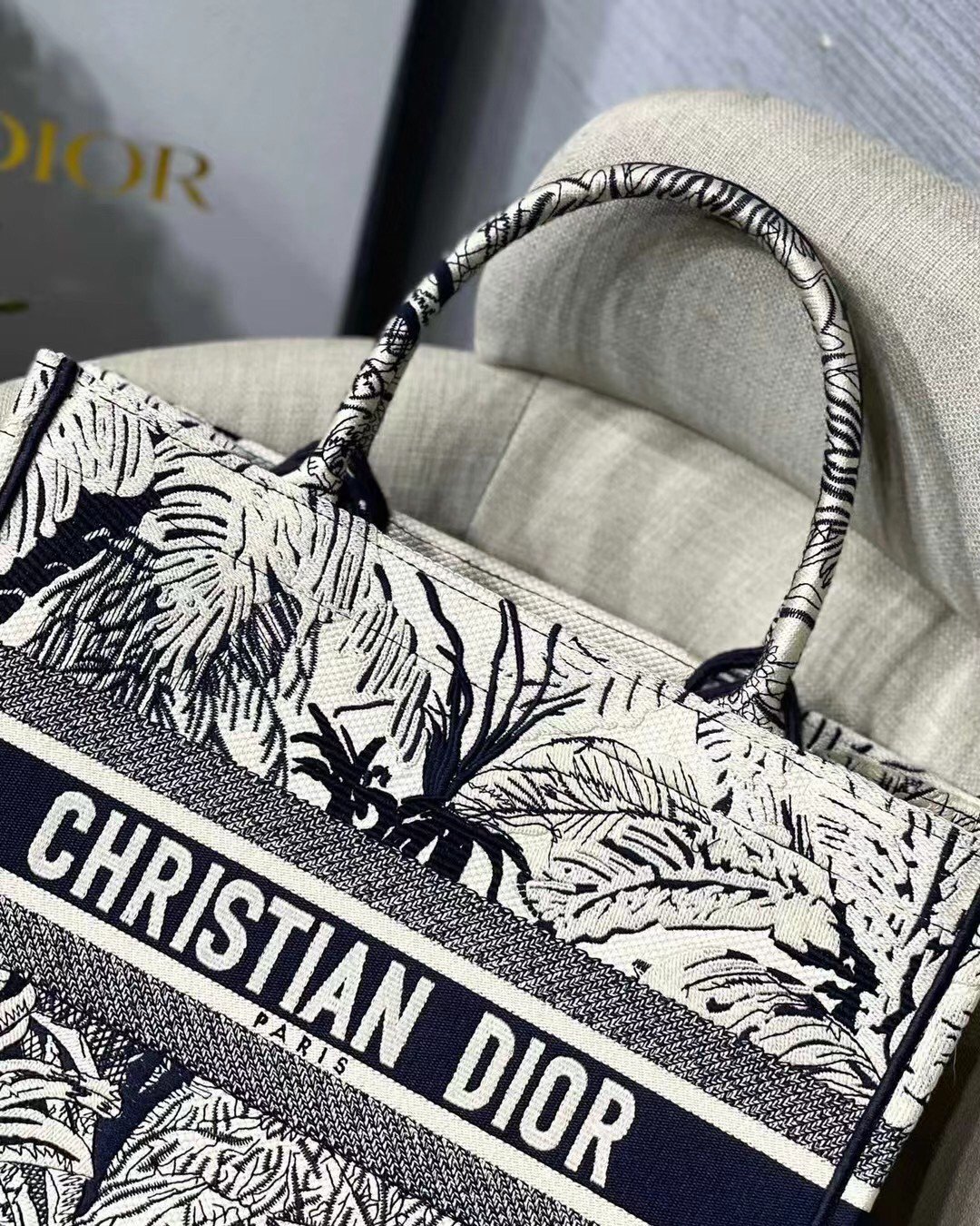 Dior Medium Dior Book Tote Bag In Blue Toile de Jouy Palms Embroidery