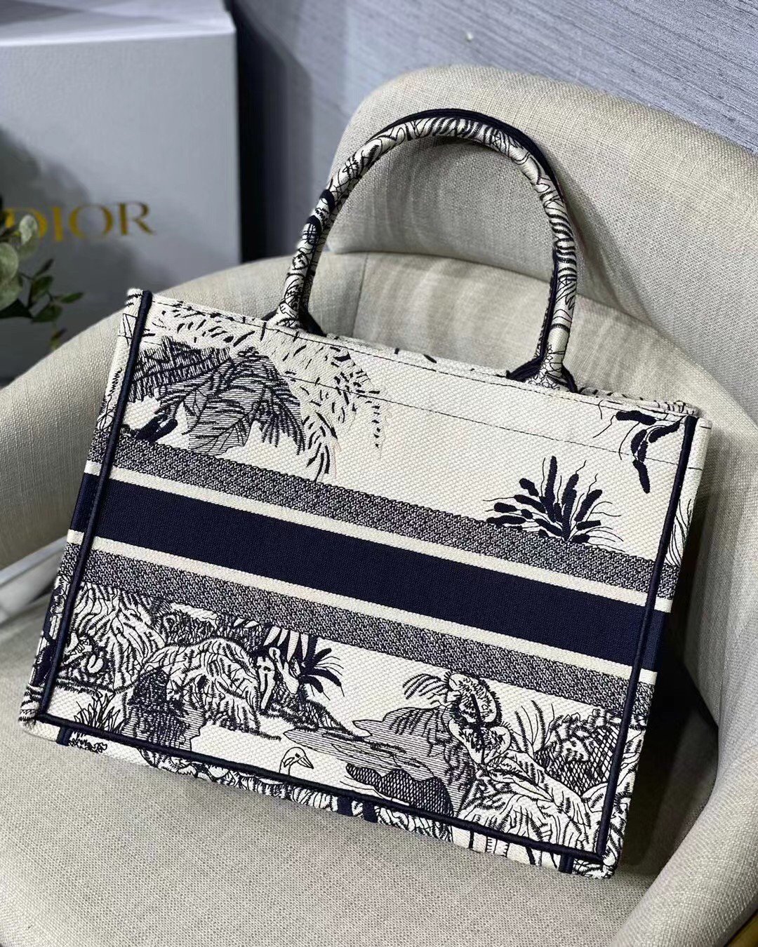 Dior Medium Dior Book Tote Bag In Blue Toile de Jouy Palms Embroidery