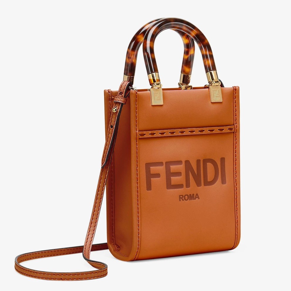 Fendi Mini Sunshine Shopper Bag In Brown Leather