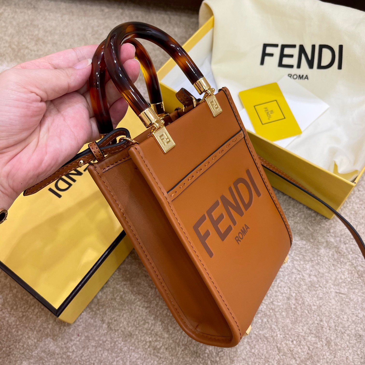 Fendi Mini Sunshine Shopper Bag In Brown Leather