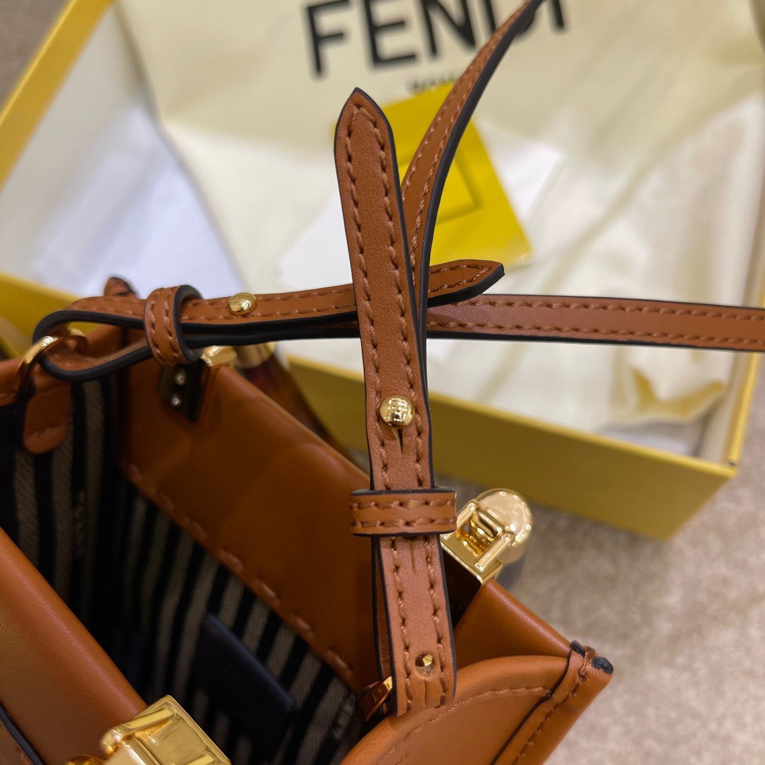 Fendi Mini Sunshine Shopper Bag In Brown Leather