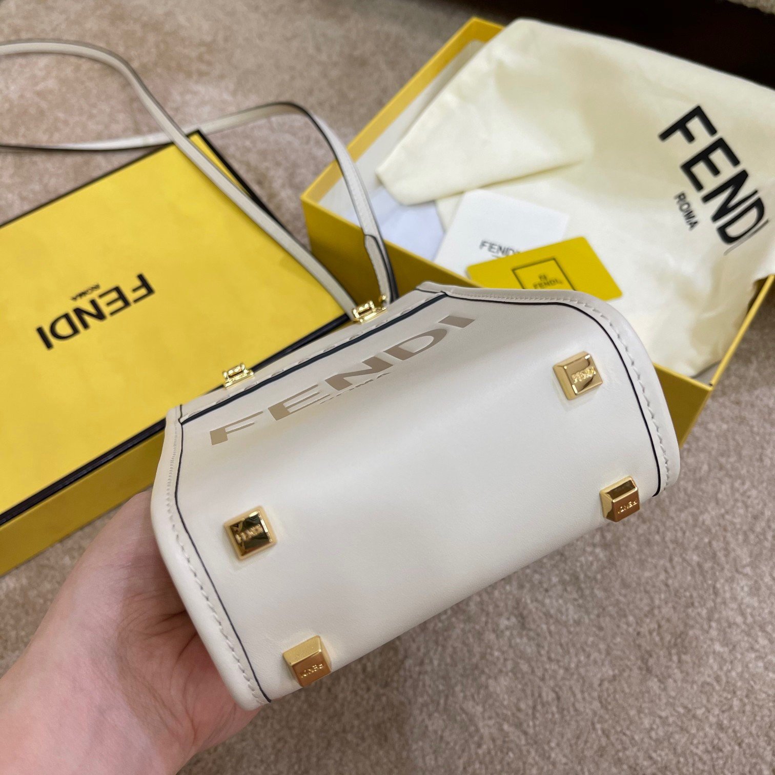 Fendi Mini Sunshine Shopper Bag In White Leather