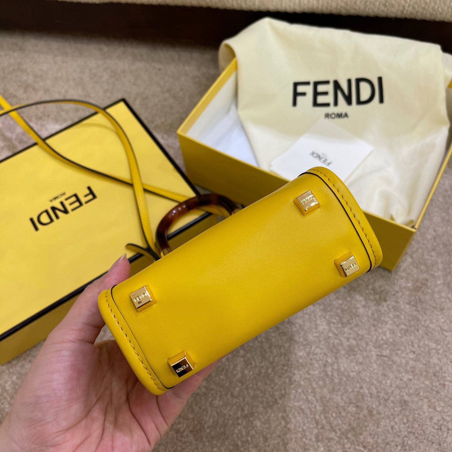 Fendi Mini Sunshine Shopper Bag In Yellow Leather