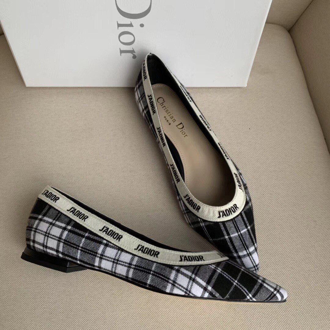 Dior J'Adior Ballet Flats In Black and White Tartan Fabric