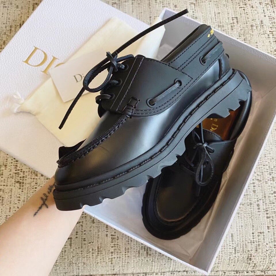 Dior Walker Boat Shoes In Black Calfskin