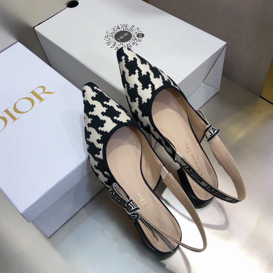 Dior J'Adior Slingback Ballerina Flats In Black Houndstooth Embroidery