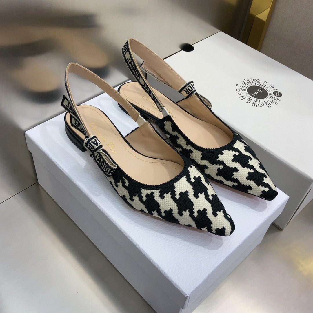 Dior J'Adior Slingback Ballerina Flats In Black Houndstooth Embroidery