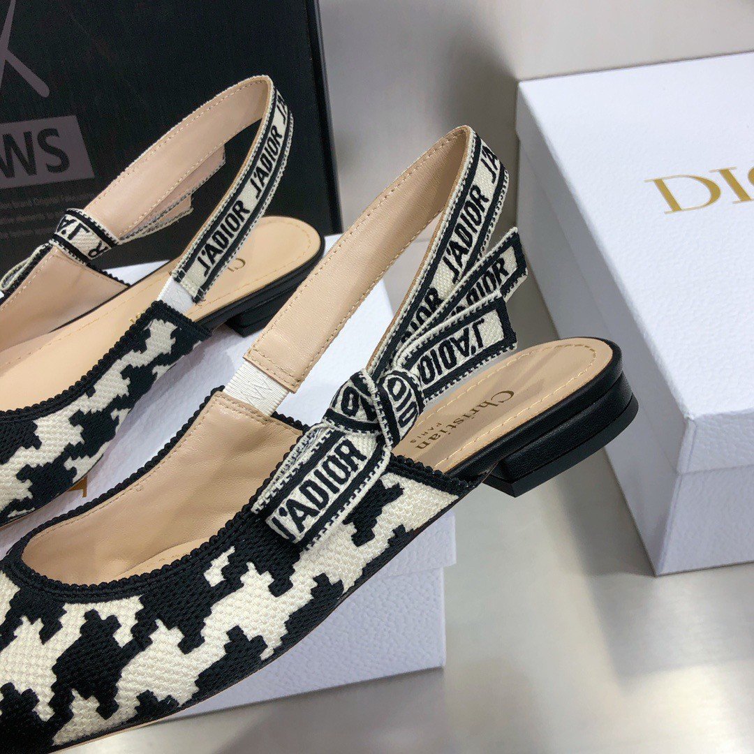 Dior J'Adior Slingback Ballerina Flats In Black Houndstooth Embroidery