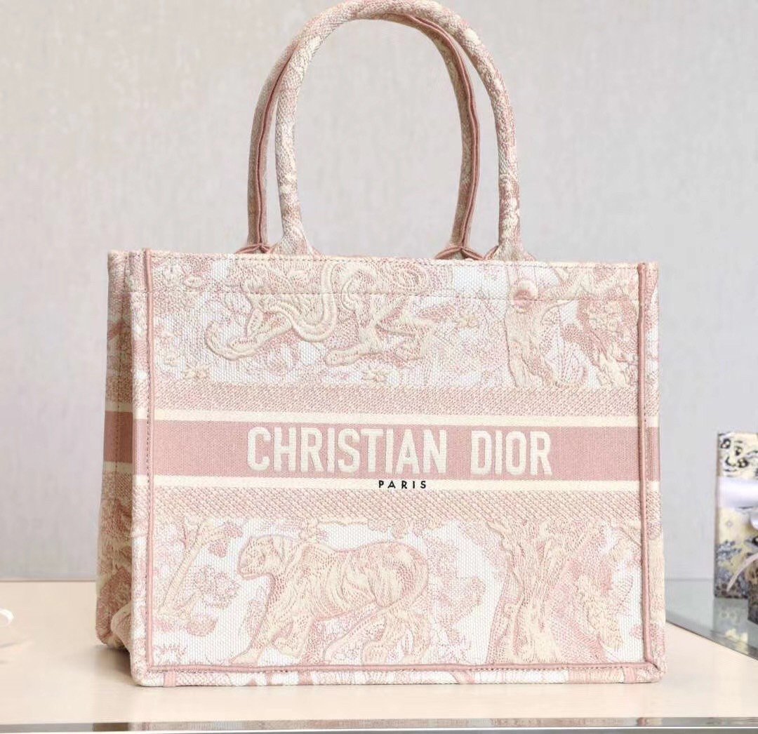 Dior Medium Book Tote Bag In Pink Toile De Jouy Embroidery